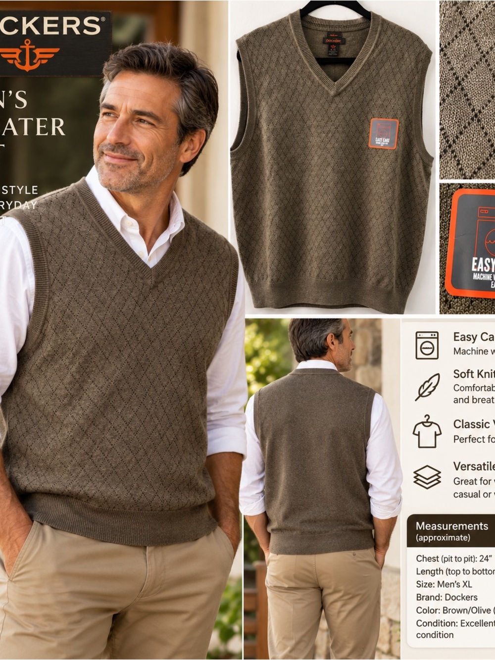 Dockers Brown Olive V-Neck Cable Knit Sweater Vest (NEW)!!!